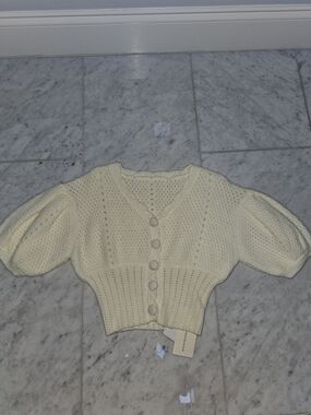 Commense Cream Pointelle Knit Crop Cardigan